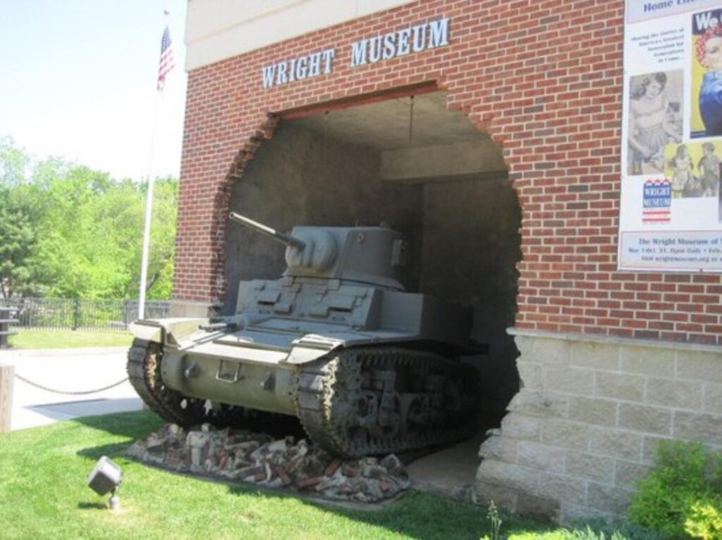 Wright Museum tank coming through a wall