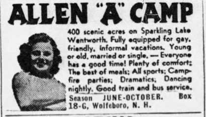 A newspaper ad for the "Allen 'A' Camp" in Wolfeboro, NH